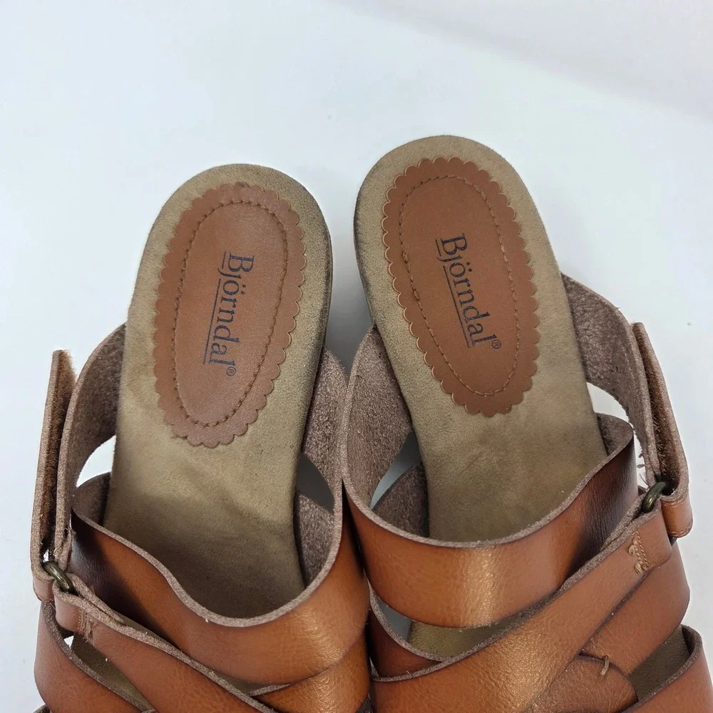 Bjorndal Womens Tan Cognac Strappy Cork Wedge Sandals Hook Loop Closure Size 10